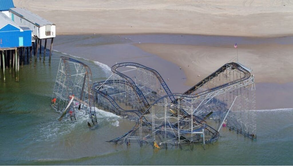 Figure 1: The Jet Star roller coaster in Seaside Heights, N.J., remains at sea April 5, 2013, washed over daily by waves in the Atlantic Ocean. It was destroyed during Hurricane Sandy. Peter Ackerman, Asbury Park, N.J., Press, via USA Today https://www.usatoday.